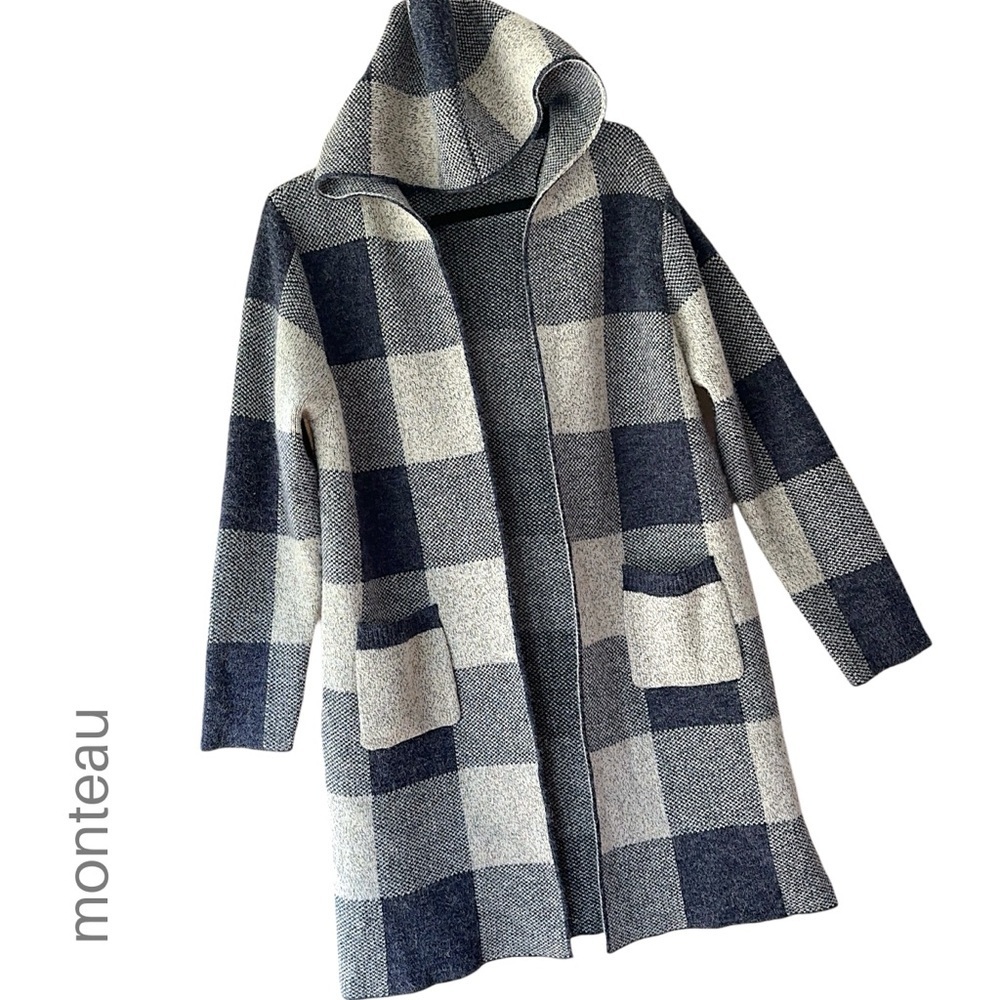 MONTEAU HOODED OPEN FRONT CARDIGAN SWEATER COAT LIKE NEW BUFFALO PLAID | SMALL